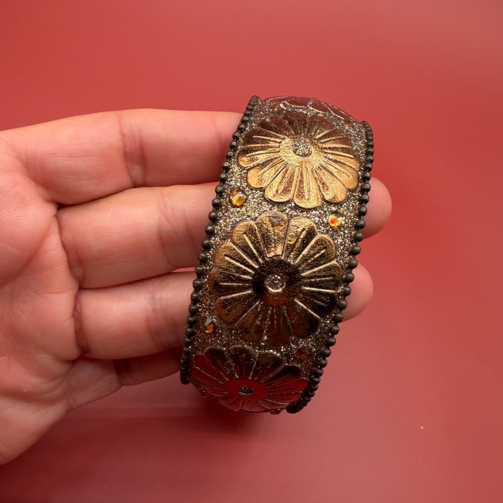 Bronze Tone Floral Wide Bangle Bracelet Rhinestone Glitter Boho Vintage Style